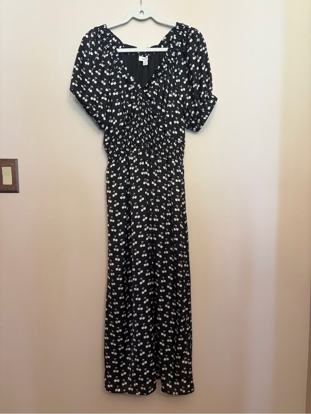 Macy’s Women's Black Maxi Dress with White Floral Print - V-Neck Smocked Waist